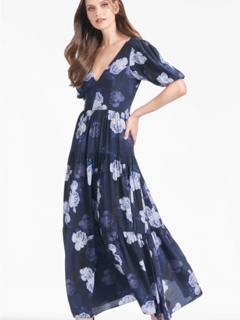 Sachin + Babi Blue Floral V-Neck Tiered Maxi Dress- gorgeous fabric!